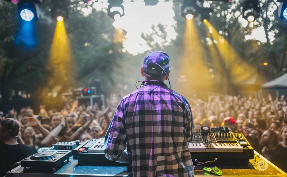 DJ performing for a cheering crowd at an outdoor concert, illuminated by stage lights.
