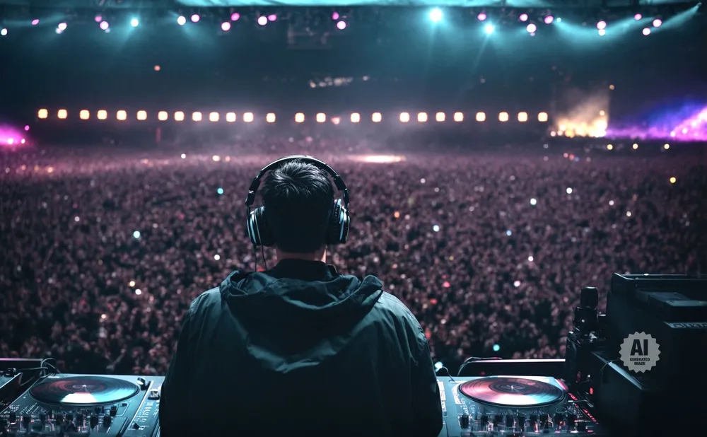 DJ in headphones plays to a massive crowd at a concert, with a line of lights above the audience.