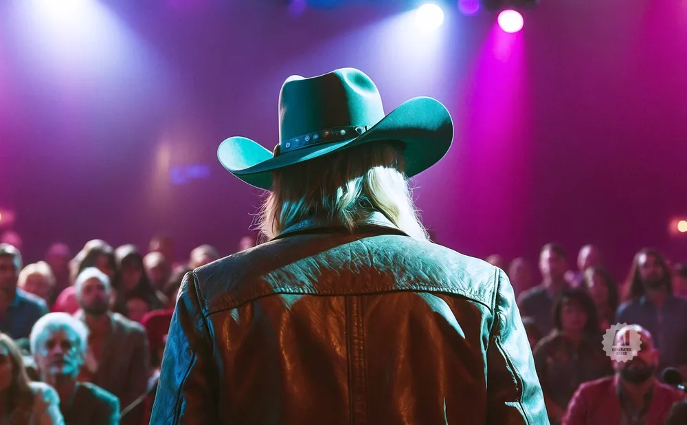Back of a person in a cowboy hat and leather jacket on stage, facing a crowd under purple and white spotlights.