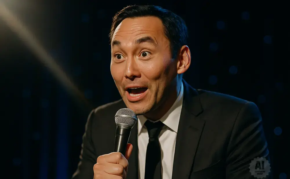 Man in a suit on stage, holding a microphone and speaking into it.