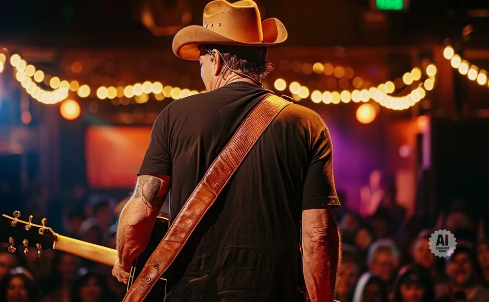 Man wearing a cowboy hat and black t-shirt playing guitar on stage with bokeh lights.