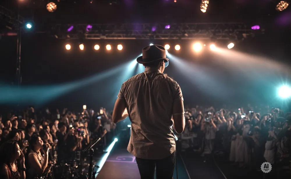 A man in a hat on stage faces a cheering crowd, illuminated by stage lights.