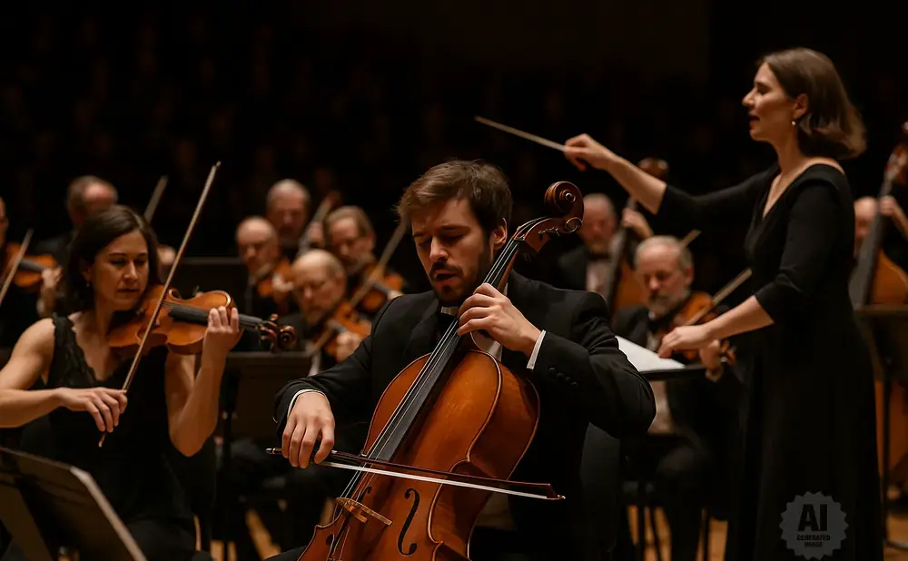 A conductor leads an orchestra playing classical music. A cellist and violinist are in the foreground.