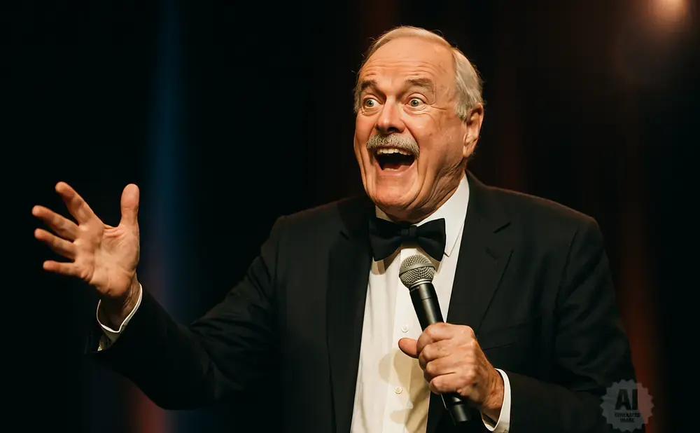 Comedian John Cleese, wearing a tuxedo and bow tie, holds a microphone and gestures with his left hand.
