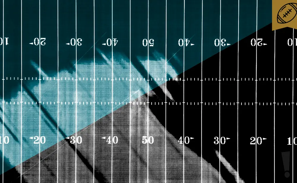 Football field with yard lines and numbers. A football logo is in the top right corner.