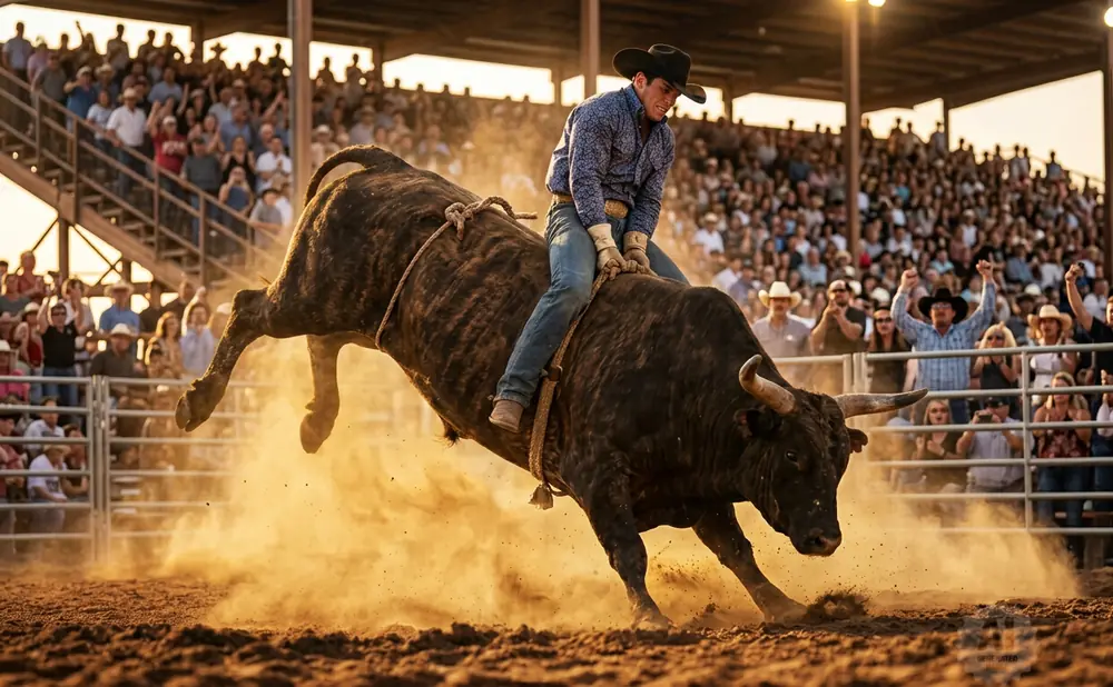 A cowboy rides a bucking bull in a dusty rodeo arena, with a crowd watching in the background.