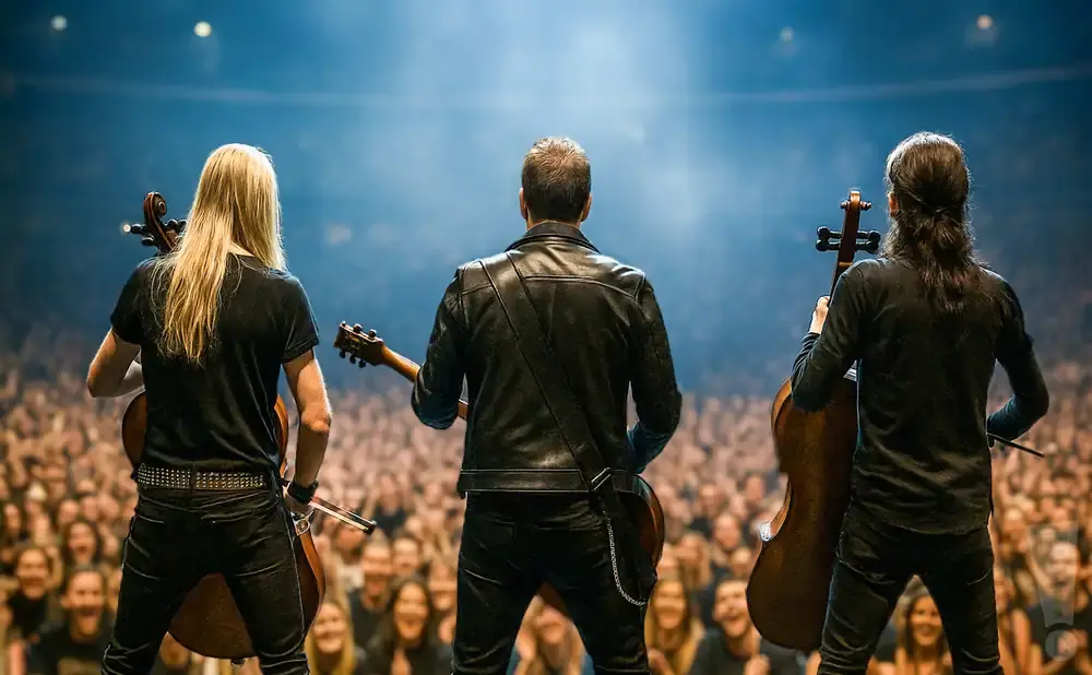 Three musicians, two with cellos and one with a guitar, stand on stage performing for a large crowd.