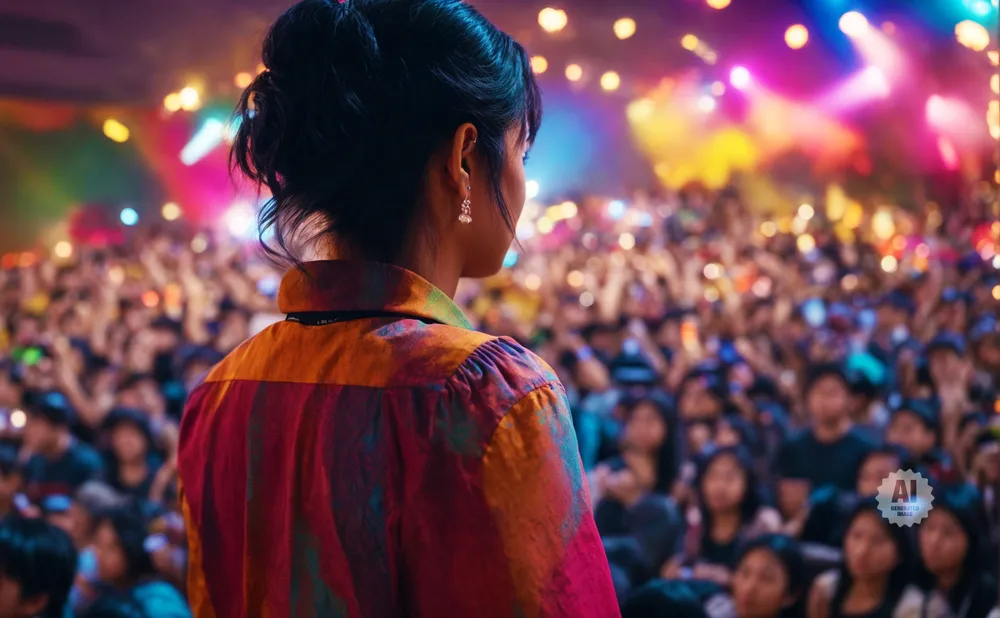 Woman in a colorful shirt facing a crowd at a concert with bright lights.