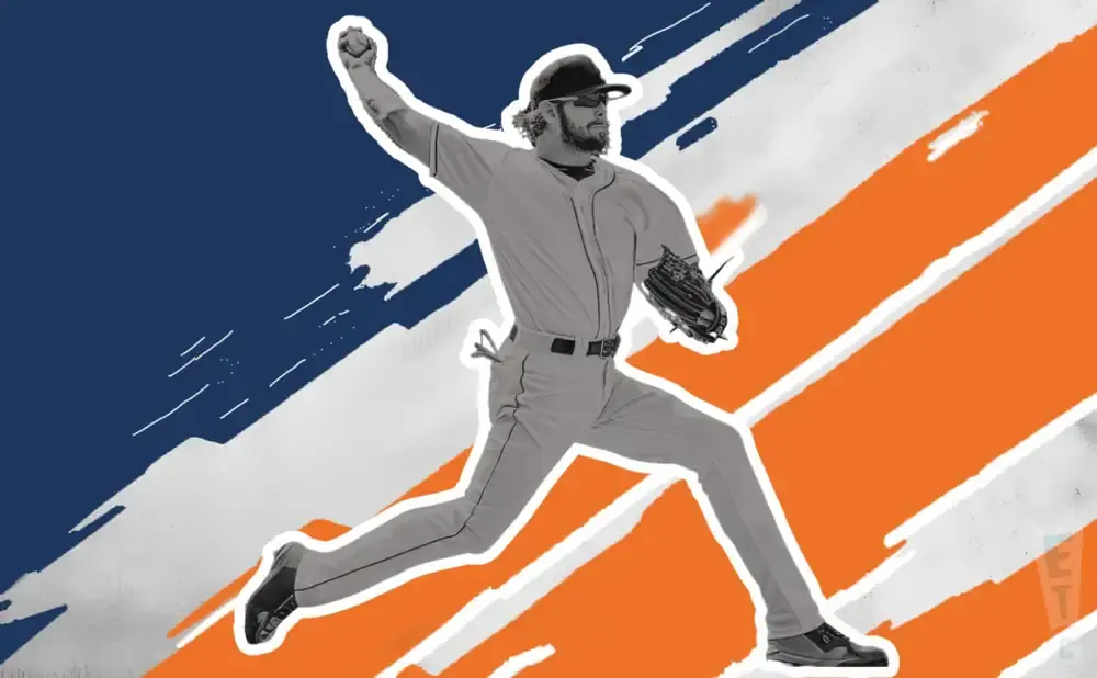 A baseball pitcher in mid-throw, silhouetted against a graphic background of blue, white, and orange stripes.