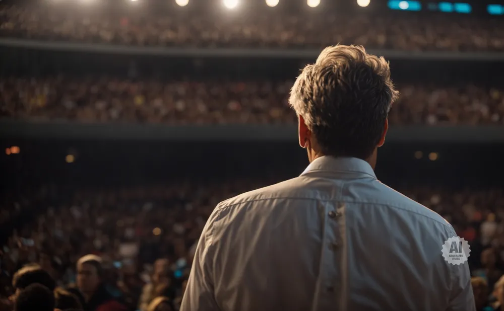 A man in a white shirt stands facing a large, blurred audience in a stadium.