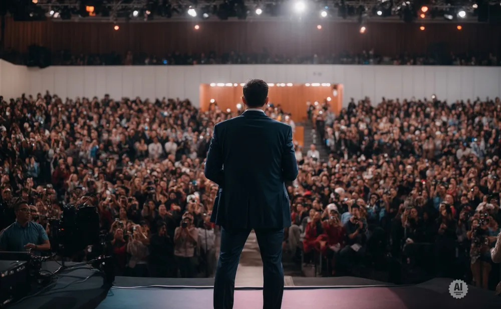 Man in a suit on stage addressing a large, enthusiastic crowd.