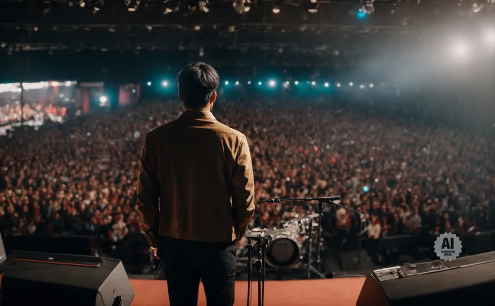 Man in jacket on stage facing large crowd, drum kit behind him.