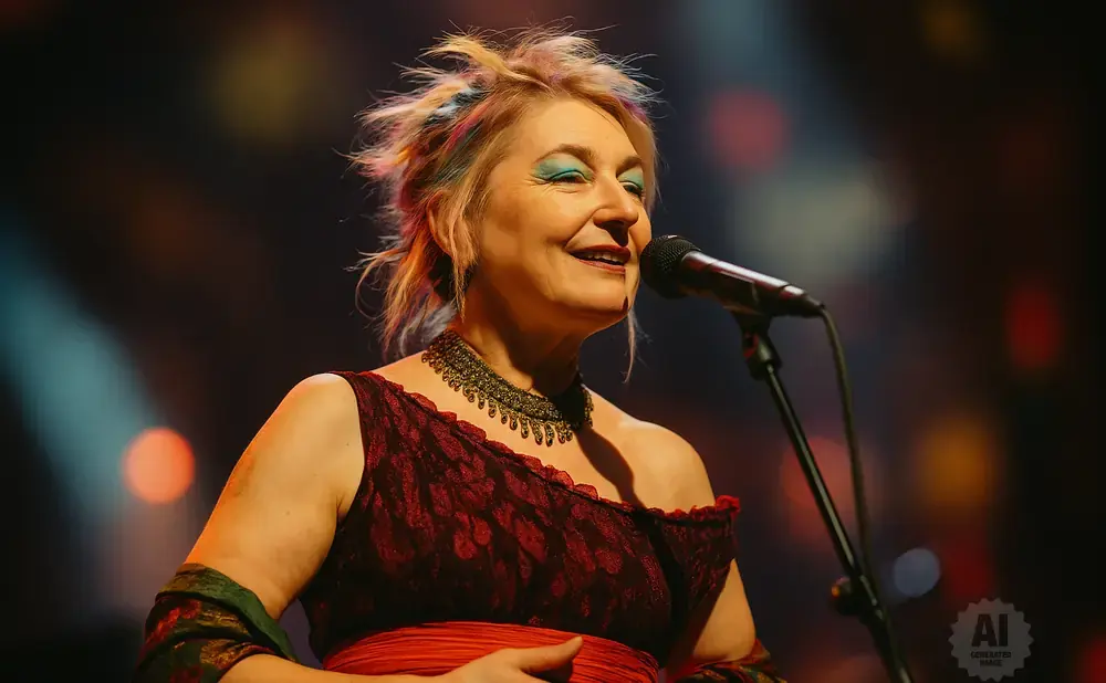 Woman with colorful hair singing into a microphone on stage.