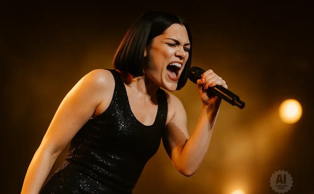A woman with short dark hair sings into a microphone on a dimly lit stage.