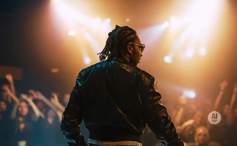A performer in a shiny black jacket faces away from the camera, illuminated by stage lights as a crowd cheers.