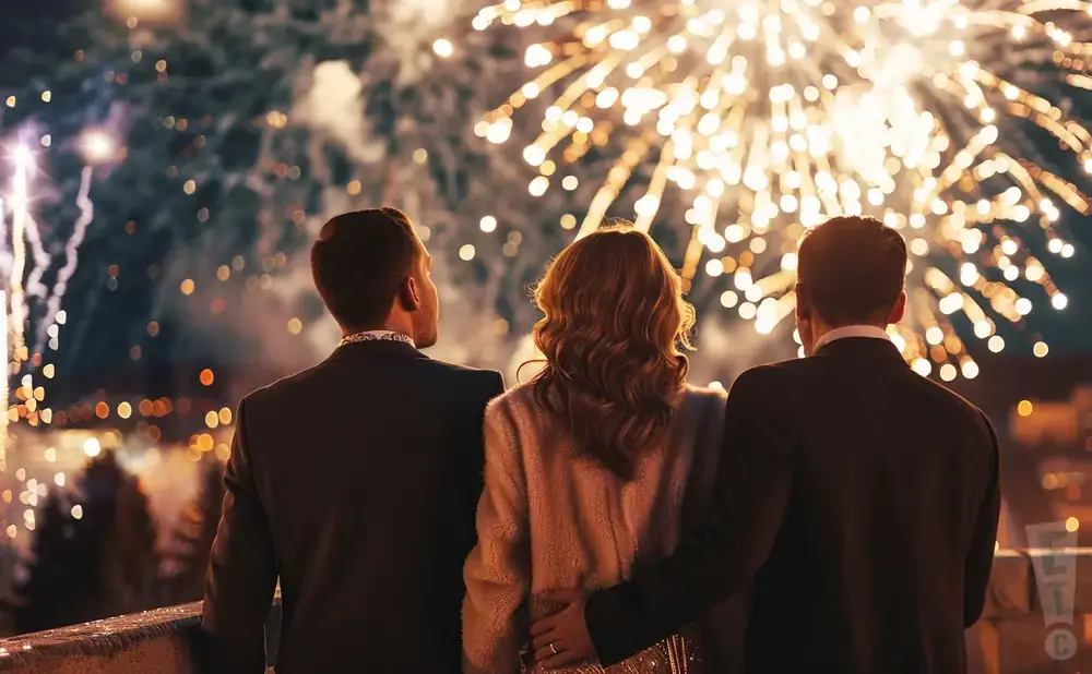 Three people in formal wear watch a vibrant fireworks display.