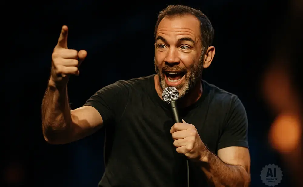 A man with a beard points with his left index finger while holding a microphone and speaking