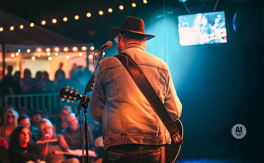 A man in a cowboy hat plays guitar and sings into a microphone on a stage at night, with string lights and an audience in the background.
