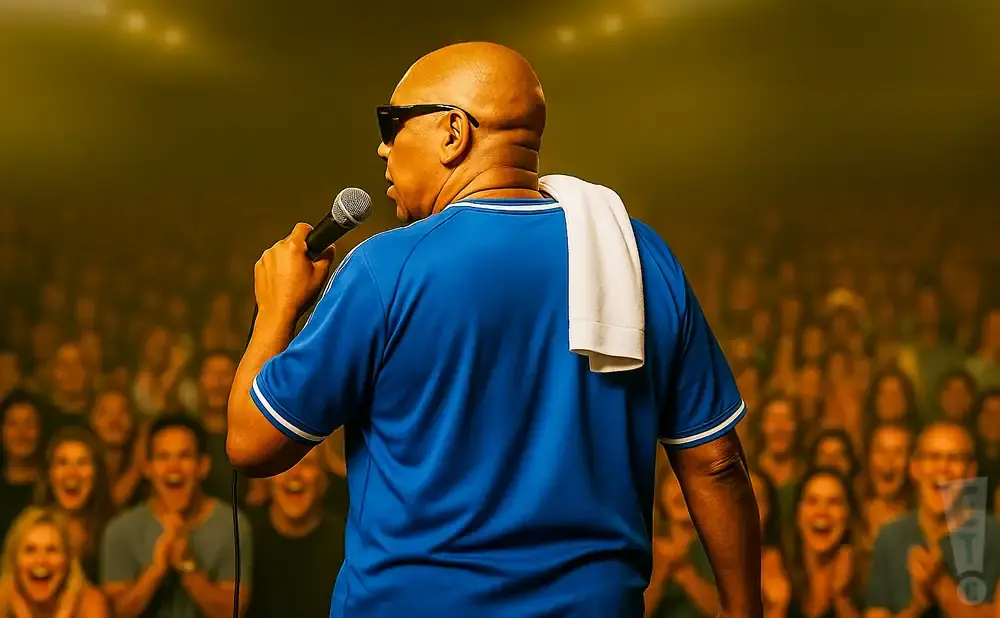 A bald man in sunglasses and a blue shirt holds a microphone on stage, facing a cheering crowd.