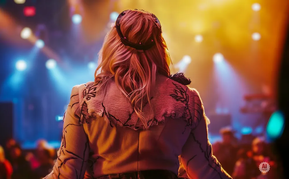 Woman with blonde hair seen from behind, wearing a light jacket with embroidered details and a headband, on a brightly lit stage.
