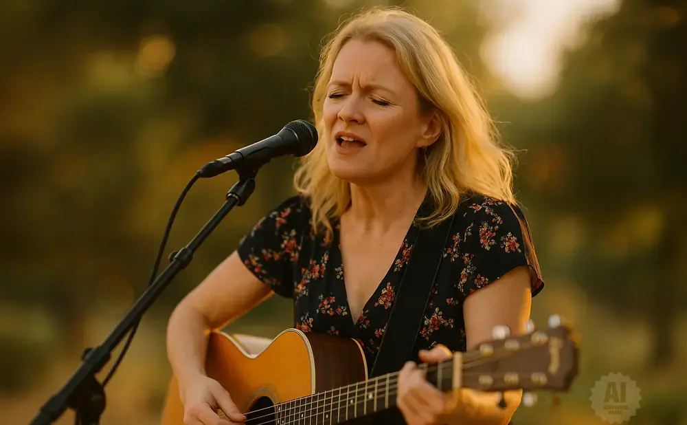 A blonde woman plays an acoustic guitar and sings into a microphone outdoors during golden hour.