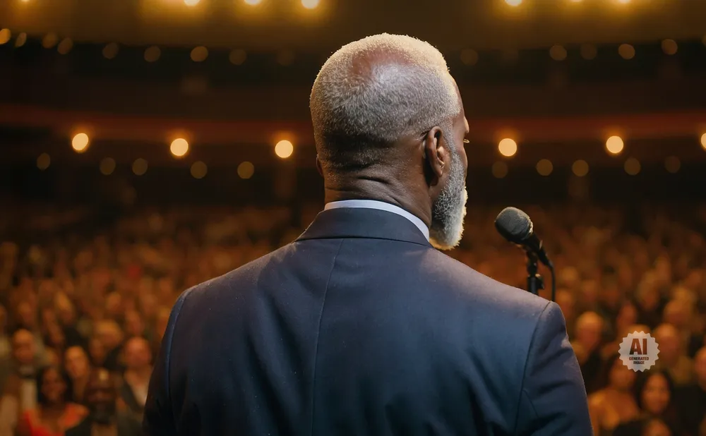 Man with grey hair and beard speaks into a microphone on stage to a seated audience.