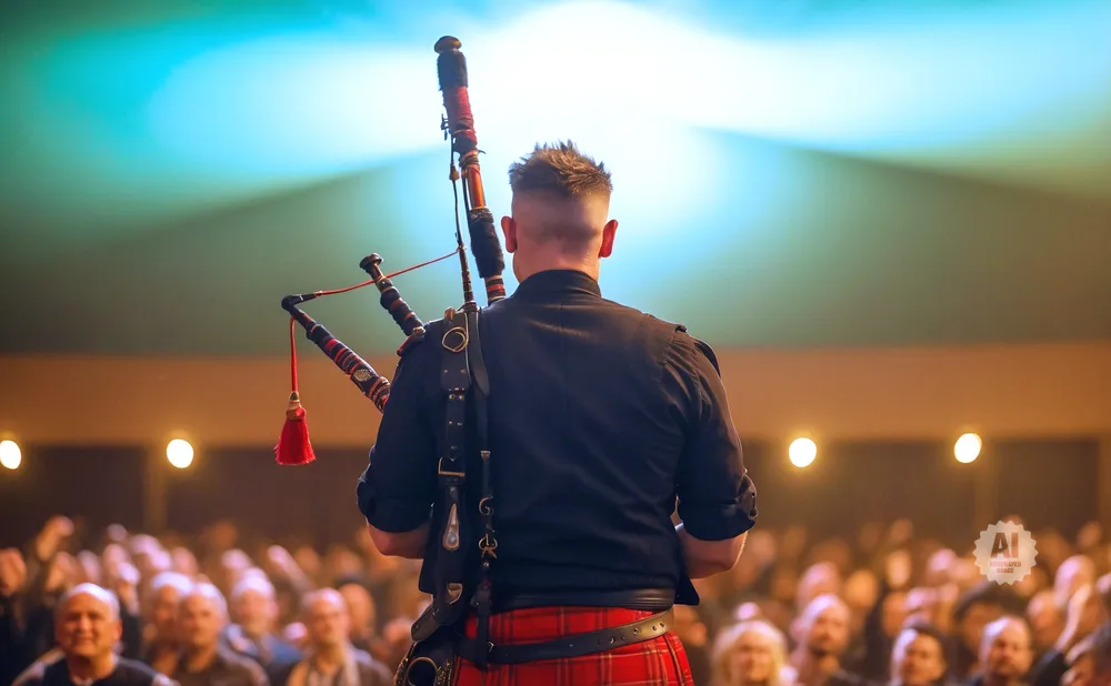 A bagpiper in a kilt stands on stage, back to the camera, playing for a blurred audience.