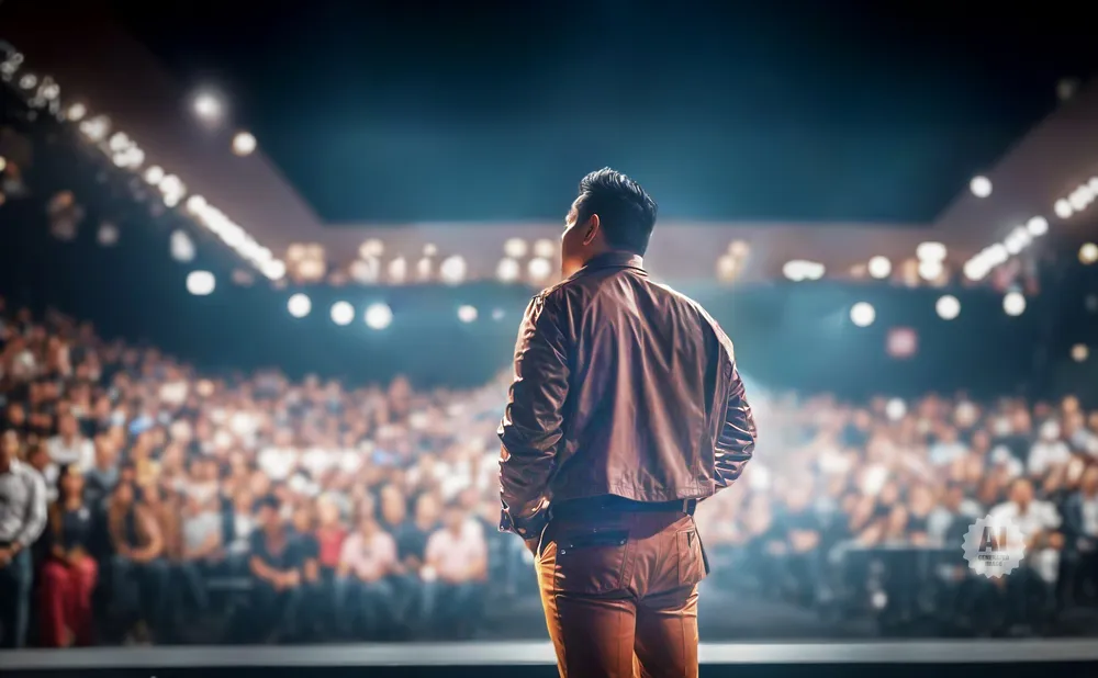 Man in a brown jacket and pants stands on a stage, facing a blurry audience under bright lights.