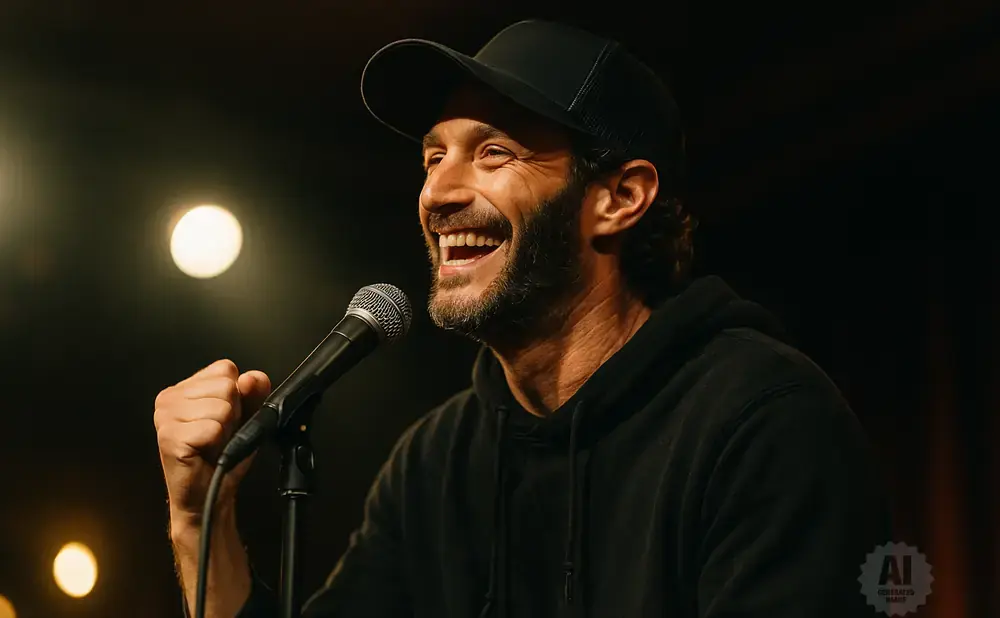 A man in a black baseball cap laughs heartily into a microphone, fist clenched in excitement.