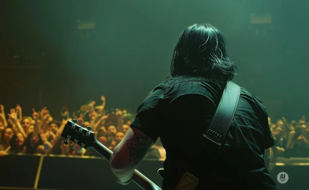 A guitarist plays on stage in front of a cheering crowd, lit by green stage lights.