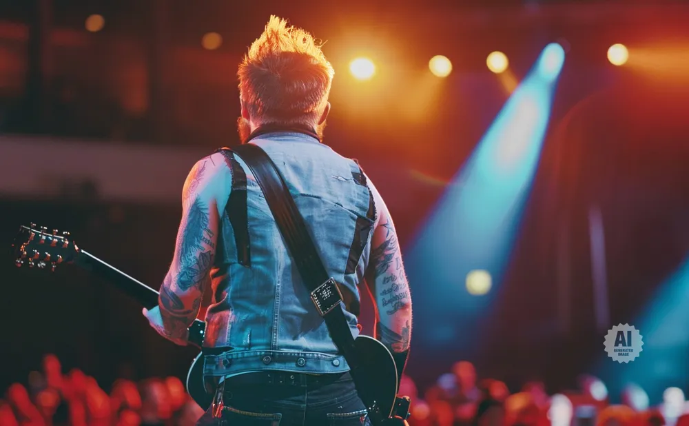 A guitarist with tattoos on his arms plays a black guitar on stage under blue and orange spotlights.