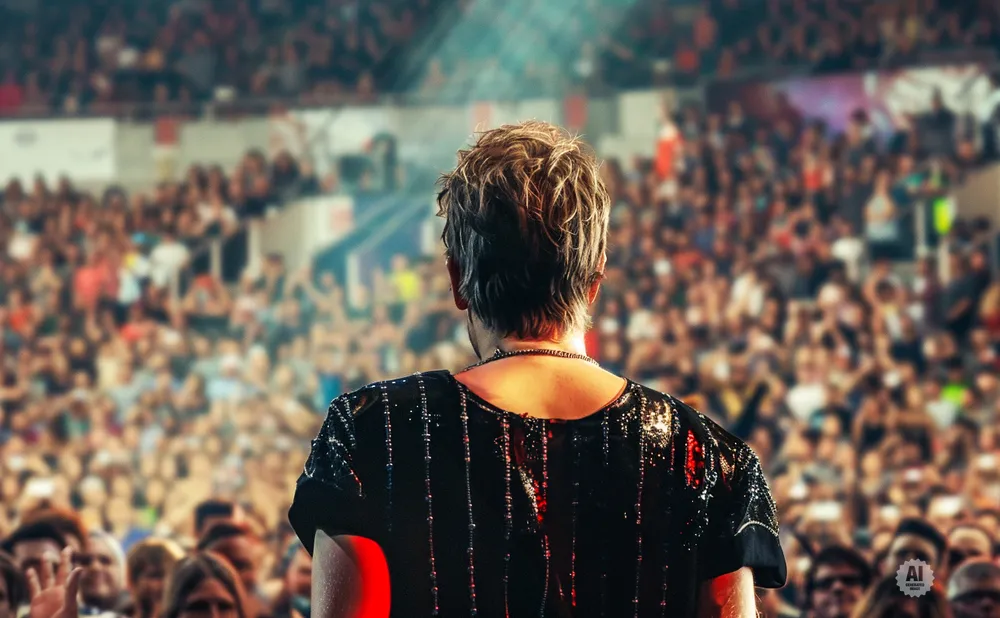 Back view of a performer on stage, facing a large, blurred crowd.