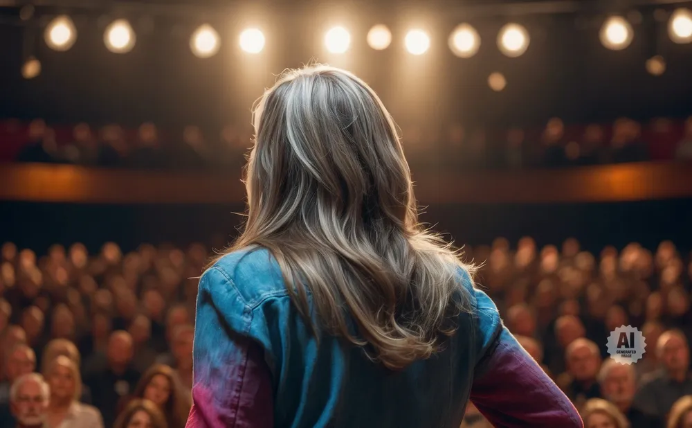Woman with blonde hair in a denim jacket stands on a stage facing an audience.