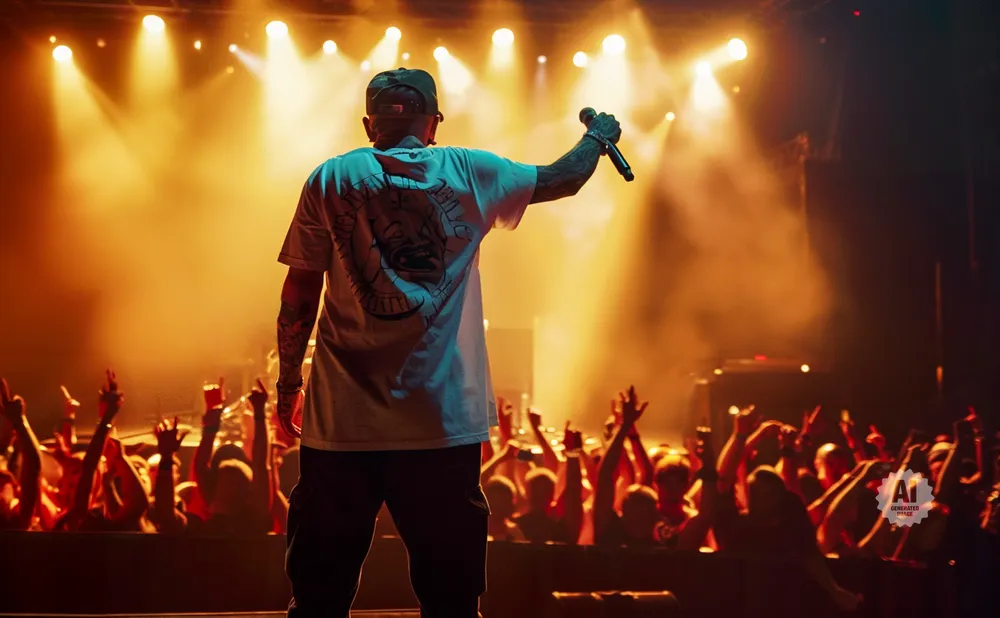 A rapper performs for a cheering crowd under bright stage lights.