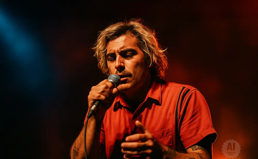 A man with blond, wavy hair sings into a microphone on a dark stage with red and blue lights.