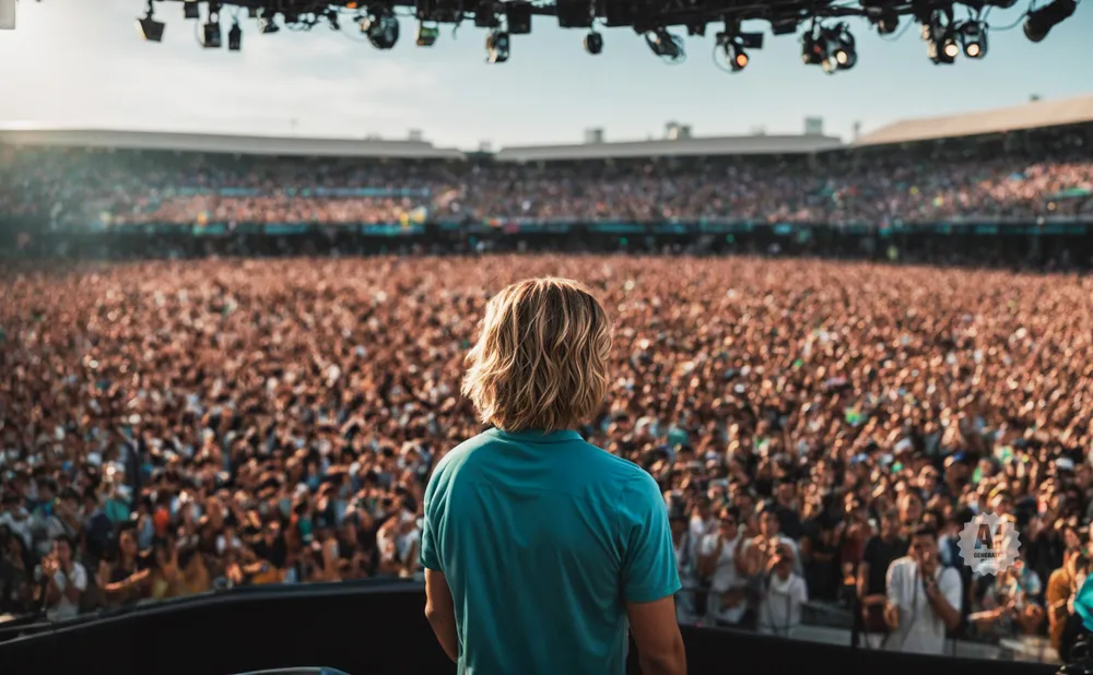 A person with blonde hair stands on a stage facing a massive crowd at an outdoor concert.