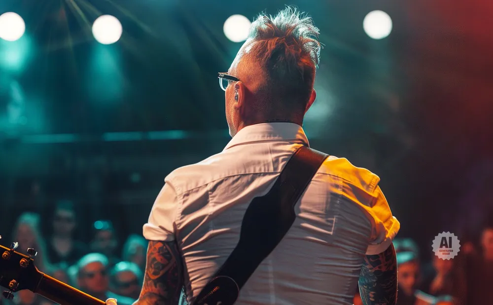 Guitarist with tattoos and spiky hair on stage under stage lights, with audience in the background.