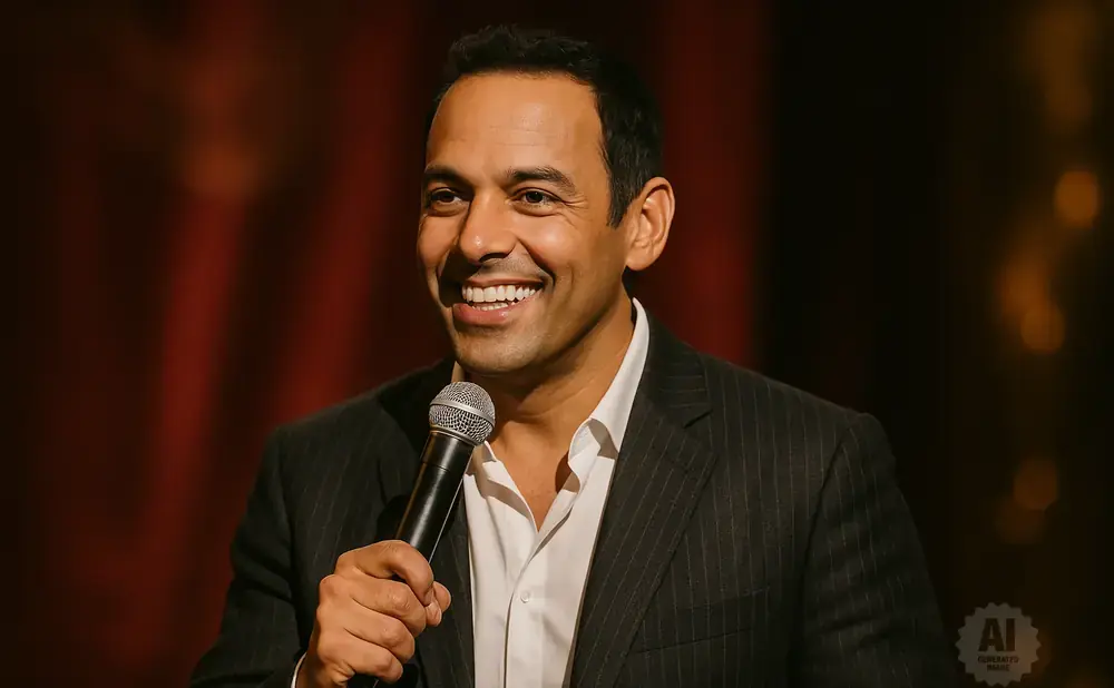 A man in a pinstripe suit smiles and holds a microphone.