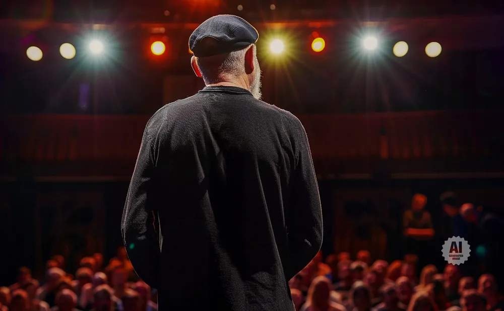 Man in a black beret and sweater on stage facing a crowd, illuminated by spotlights.