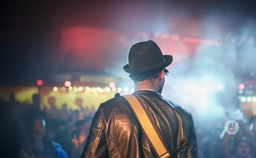 Musician in a fedora and leather jacket with a guitar strap, performing on a smoky stage with a crowd.