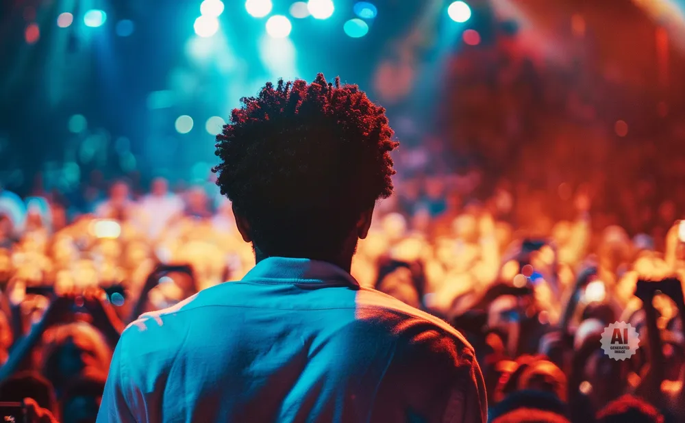 Back view of a man with curly hair in a white shirt, facing a vibrant concert crowd.
