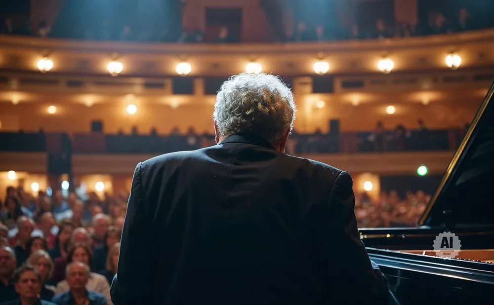 Man with curly white hair in a suit playing a grand piano on a stage before a captivated audience.