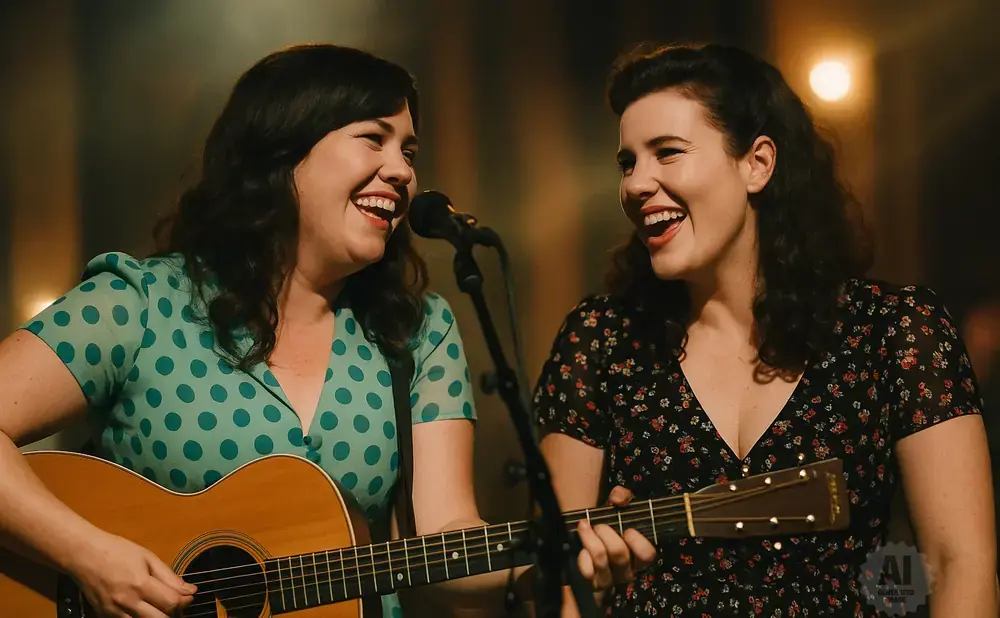 Two women laughing and singing while playing guitars on stage.