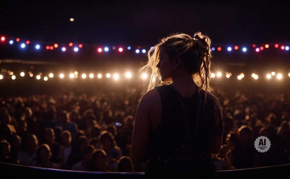 Woman on stage facing audience, with bright lights illuminating the crowd.