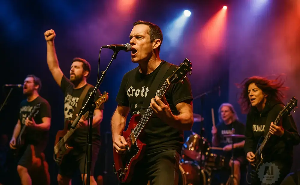A rock band performs on stage with a male singer in the foreground playing a red guitar.