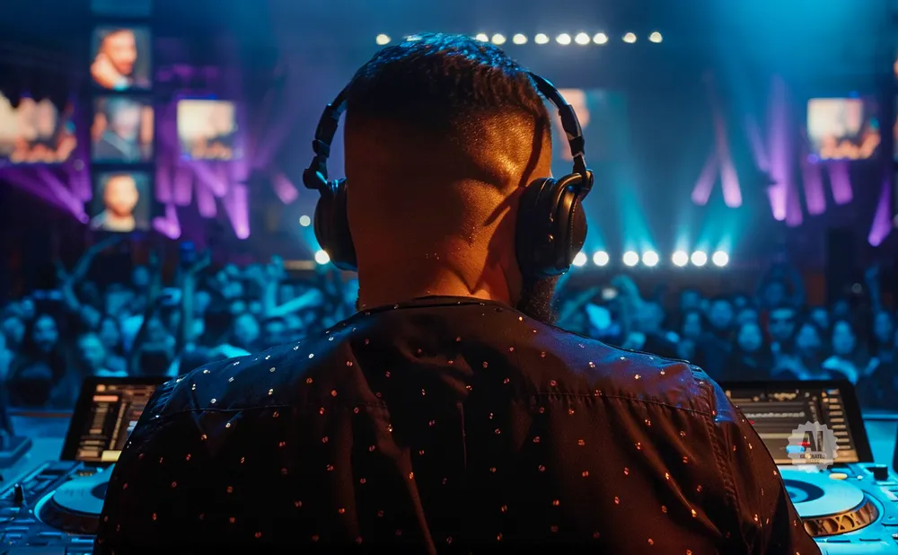 A DJ wearing headphones spins music for a crowd in a club with colorful lights.