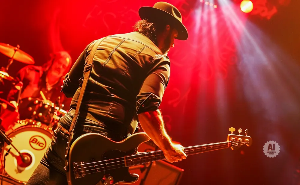 A man in a hat plays a bass guitar on a stage with red lighting.