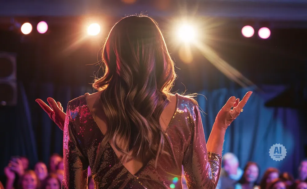 Woman in a sequined dress on stage with hands raised, facing away from the camera, with bright stage lights and an audience in the background.