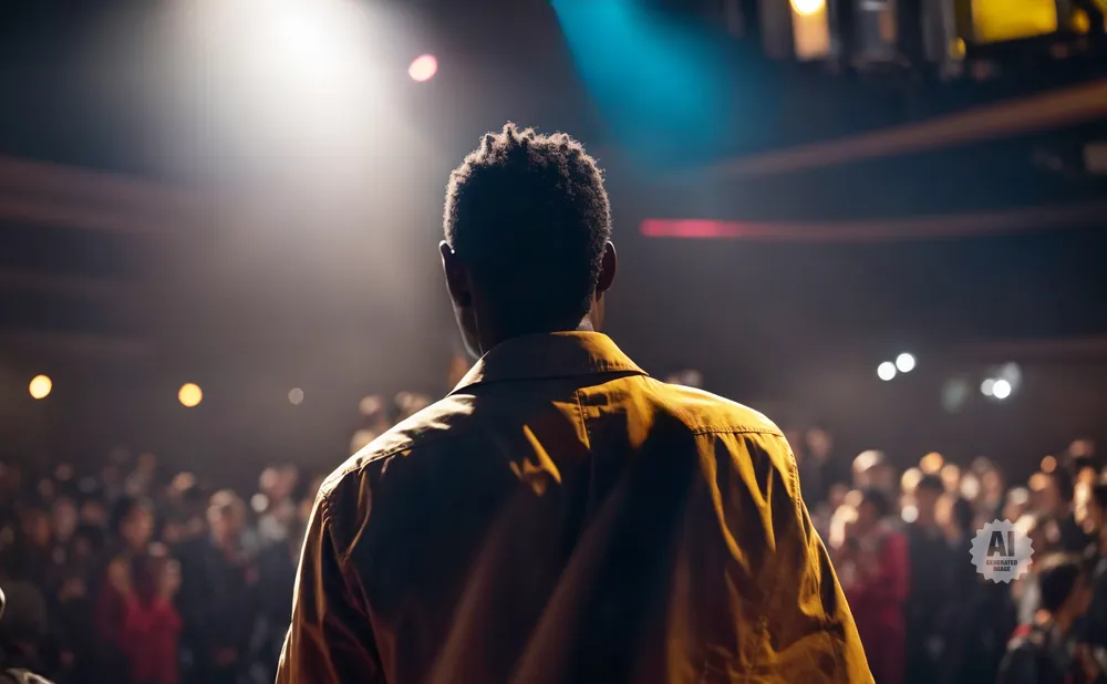 A person in a tan shirt stands facing a blurred audience under stage lights.