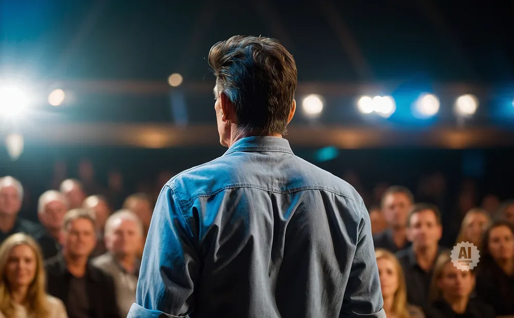 Man in blue shirt speaking to a crowd under stage lights